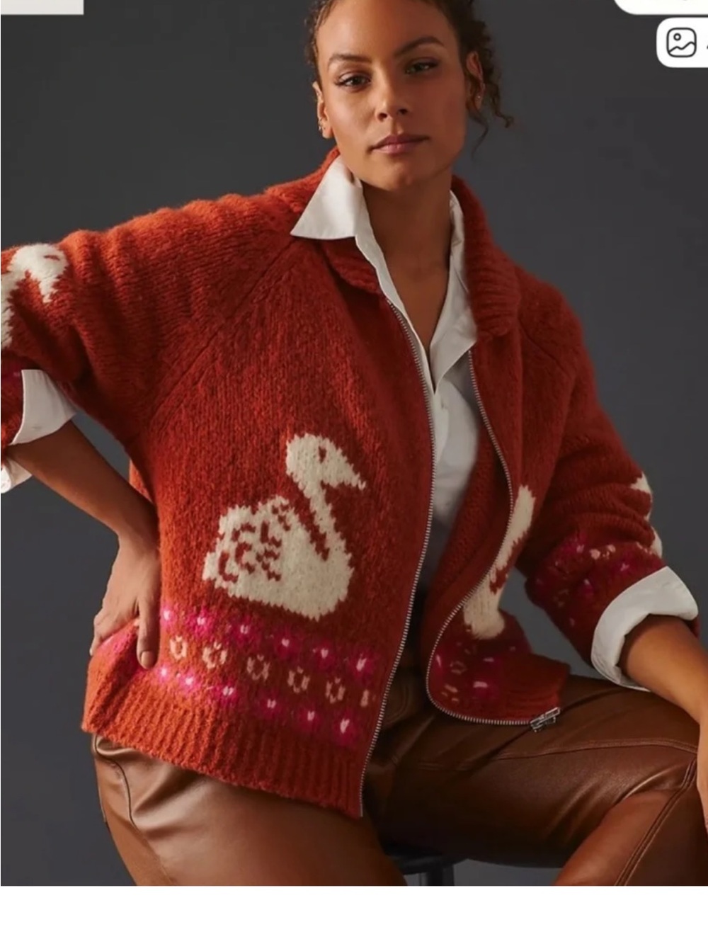 Anthropologie Swan Intarsia Zip Cardigan Rust Wool Blend Novelty Sweater Jacket - Picture 5 of 16